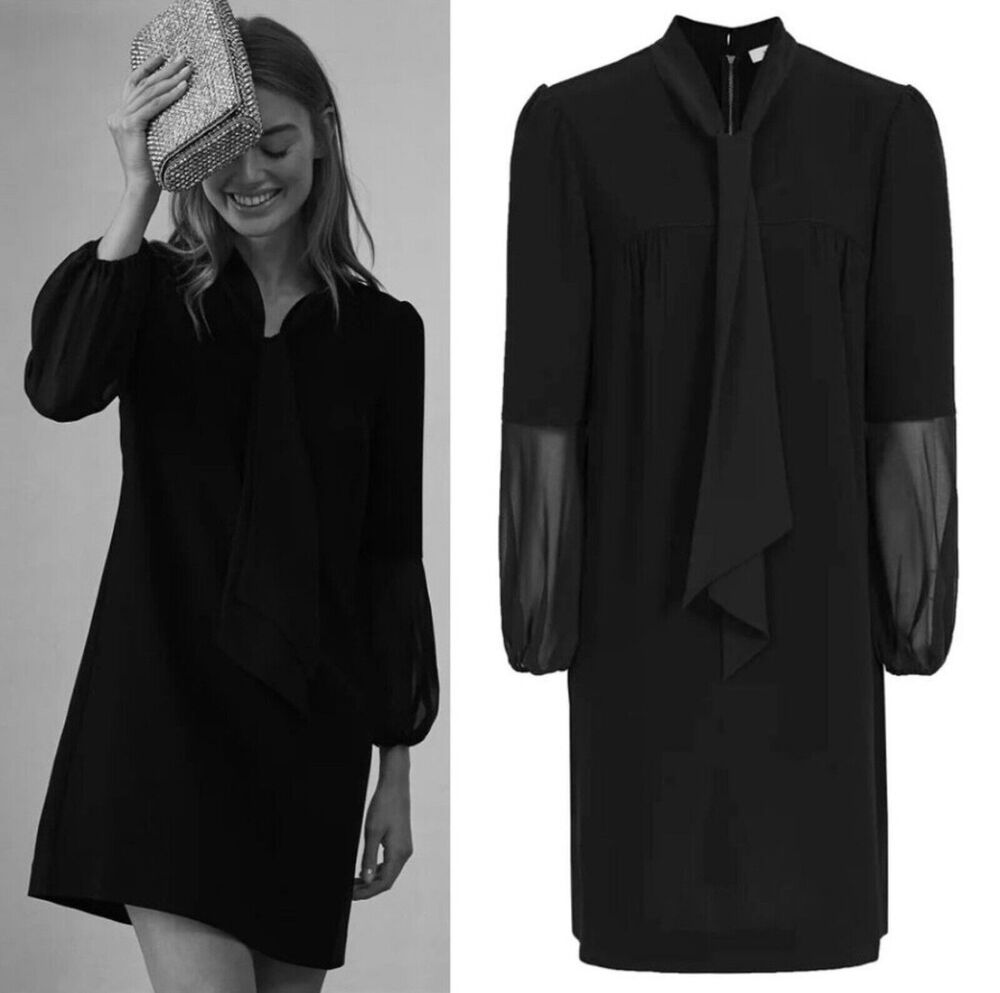 Reiss Dress Ronda Tie Neck Sheer Sleeve Detail Little Black Dress 8